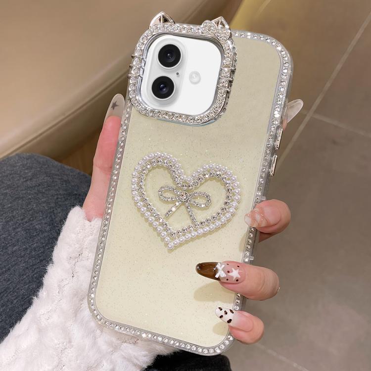 For iPhone 17 Electroplated Cat Ear Dual Side Rhinestones Glitter IMD Phone Case(Yellow)