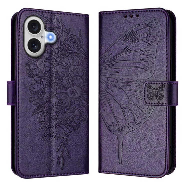 For iPhone 17 Embossed Butterfly Leather Phone Case(Dark Purple)