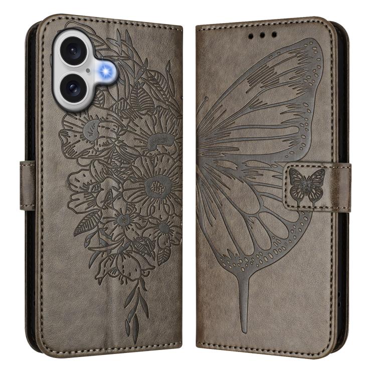 For iPhone 17 Embossed Butterfly Leather Phone Case(Grey)