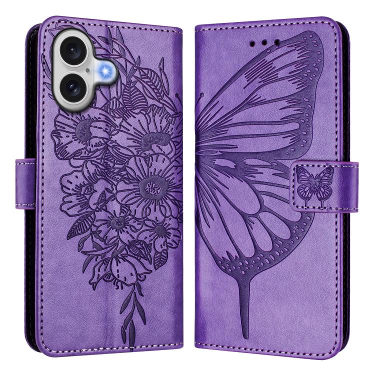 For iPhone 17 Embossed Butterfly Leather Phone Case(Light Purple)