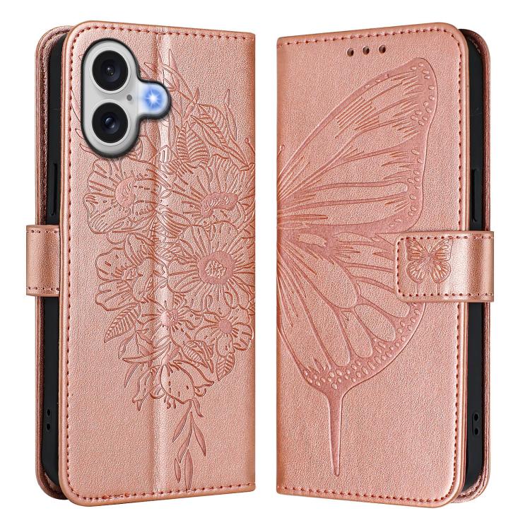 For iPhone 17 Embossed Butterfly Leather Phone Case(Rose Gold)