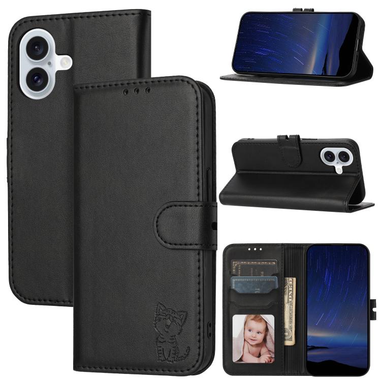 For iPhone 17 Embossed Happy Cat Pattern Flip Leather Phone Case(Black)
