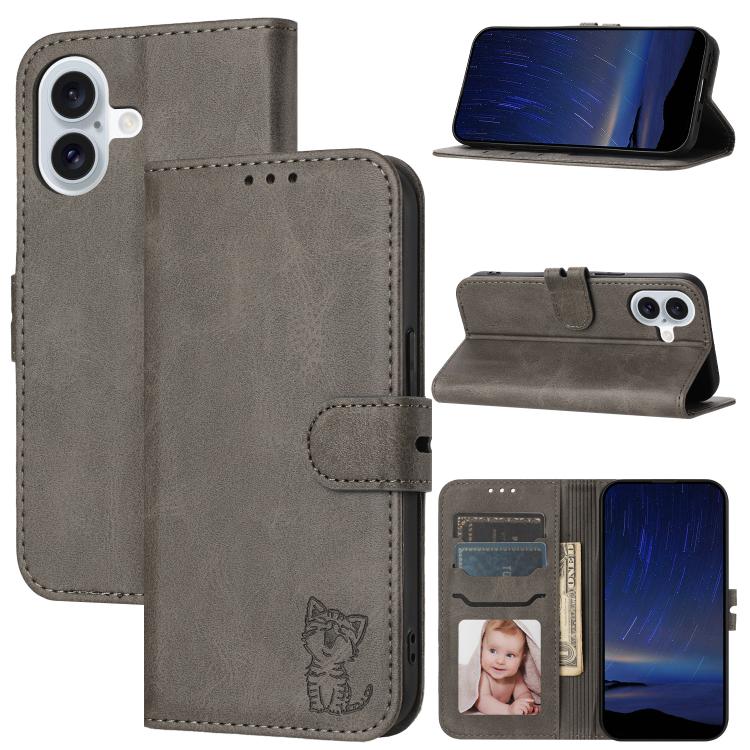For iPhone 17 Embossed Happy Cat Pattern Flip Leather Phone Case(Grey)