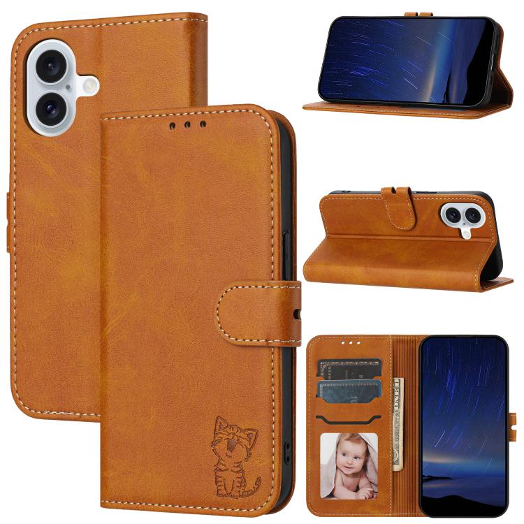 For iPhone 17 Embossed Happy Cat Pattern Flip Leather Phone Case(Yellow)