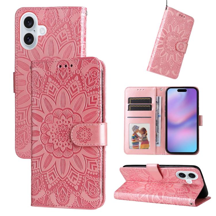 For iPhone 17 Embossed Sunflower Leather Phone Case(Pink)