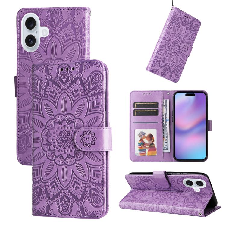 For iPhone 17 Embossed Sunflower Leather Phone Case(Purple)