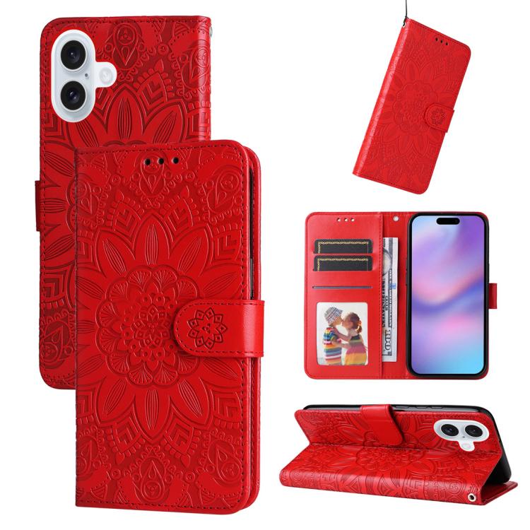 For iPhone 17 Embossed Sunflower Leather Phone Case(Red)
