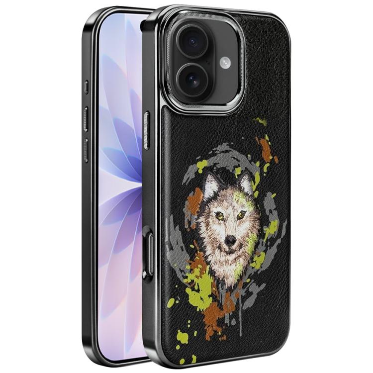 For iPhone 17 Embroidered Graffiti Vegan Leather Shield Electroplated Magnetic Phone Case(Black)