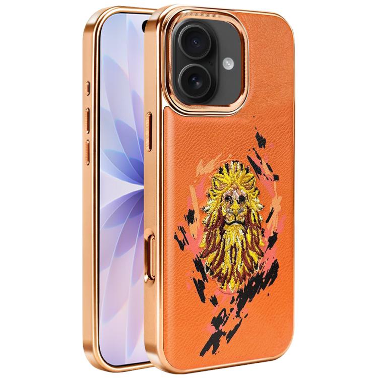 For iPhone 17 Embroidered Graffiti Vegan Leather Shield Electroplated Magnetic Phone Case(Orange)