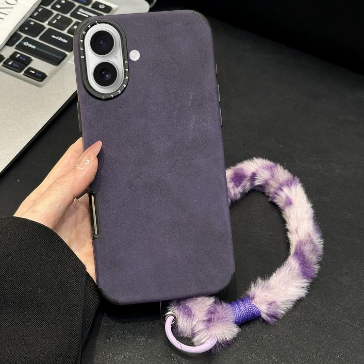 For iPhone 17 Faux Suede Fabric TPU Phone Case with Screen-printed Rabbit Plush Rope(Purple)