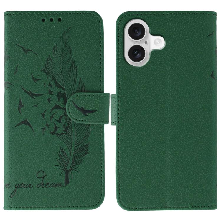 For iPhone 17 Feather Pattern Litchi Texture Leather Phone Case(Green)