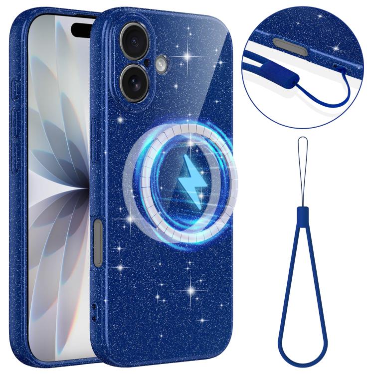 For iPhone 17 Fine Hole Glossy Glitter Magnetic TPU Phone Case with Same Color Hand Strap(Blue)