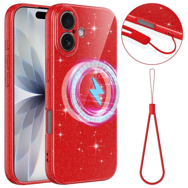 For iPhone 17 Fine Hole Glossy Glitter Magnetic TPU Phone Case with Same Color Hand Strap(Red)