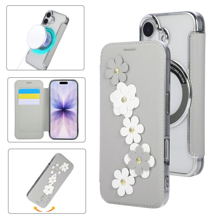 For iPhone 17 Floral Magnetic Electroplated Card Holder Vegan Leather Phone Case(Grey White)