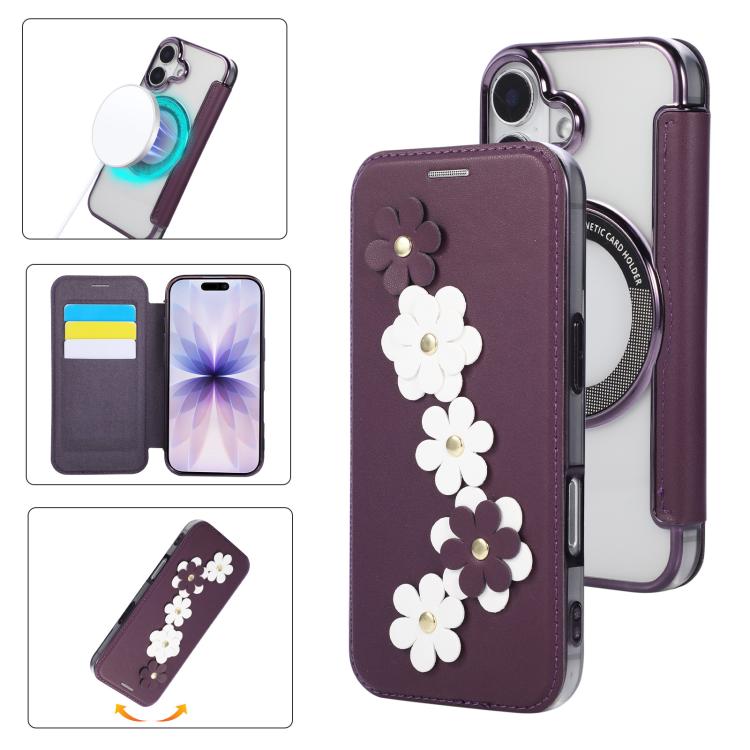 For iPhone 17 Floral Magnetic Electroplated Card Holder Vegan Leather Phone Case(Purple)