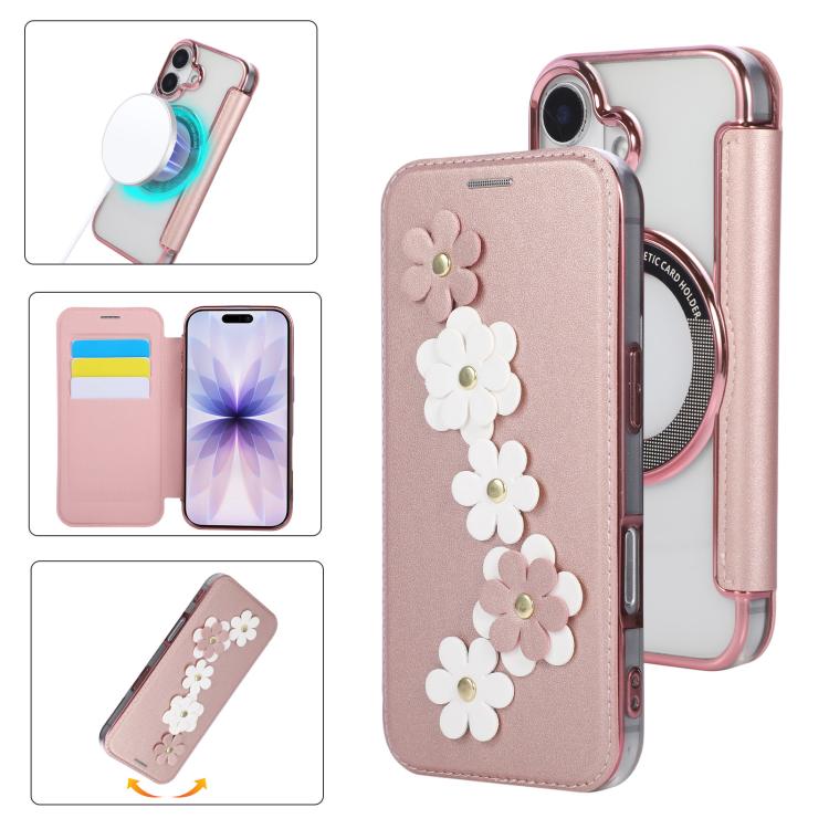 For iPhone 17 Floral Magnetic Electroplated Card Holder Vegan Leather Phone Case(Rose Gold)