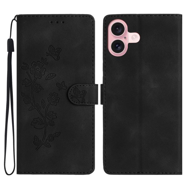 For iPhone 17 Flower Butterfly Embossing Pattern Leather Phone Case(Black)