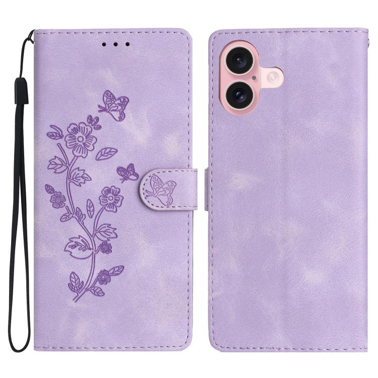 For iPhone 17 Flower Butterfly Embossing Pattern Leather Phone Case(Purple)