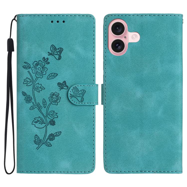 For iPhone 17 Flower Butterfly Embossing Pattern Leather Phone Case(Sky Blue)