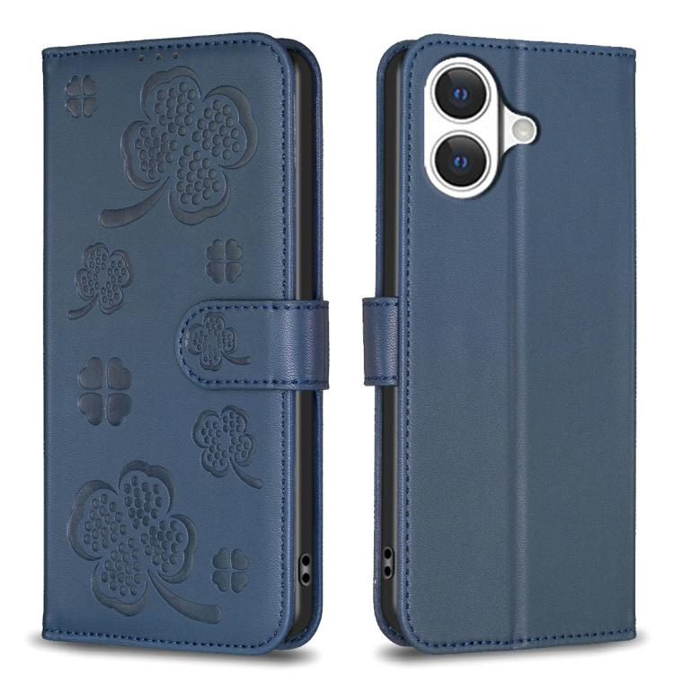 For iPhone 17 Four-leaf Embossed Leather Phone Case(Blue)