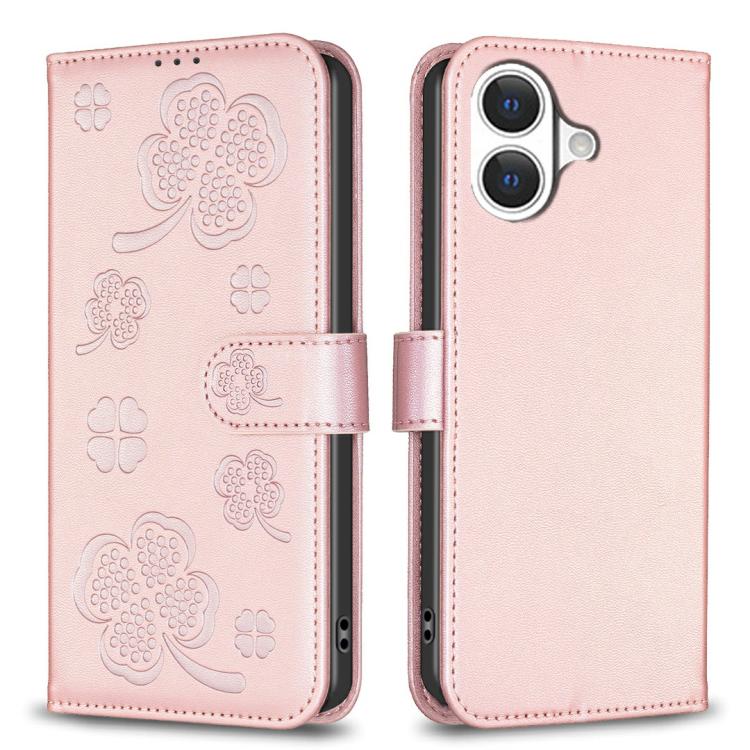 For iPhone 17 Four-leaf Embossed Leather Phone Case(Pink)