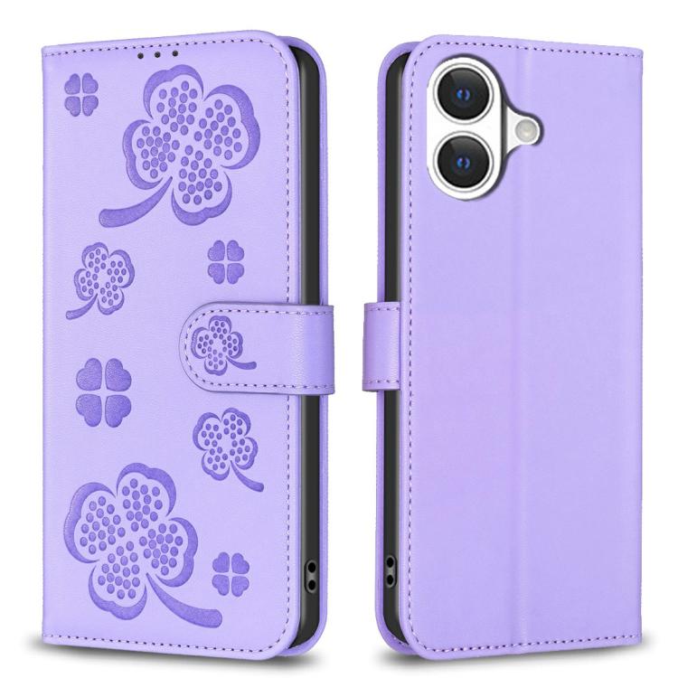 For iPhone 17 Four-leaf Embossed Leather Phone Case(Purple)
