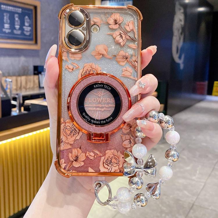 For iPhone 17 Gradient Glitter Flowers Electroplated Phone Case with Wrist Strap(Orange)