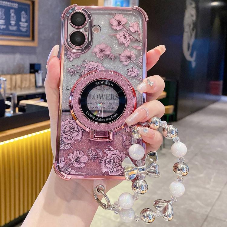 For iPhone 17 Gradient Glitter Flowers Electroplated Phone Case with Wrist Strap(Pink)