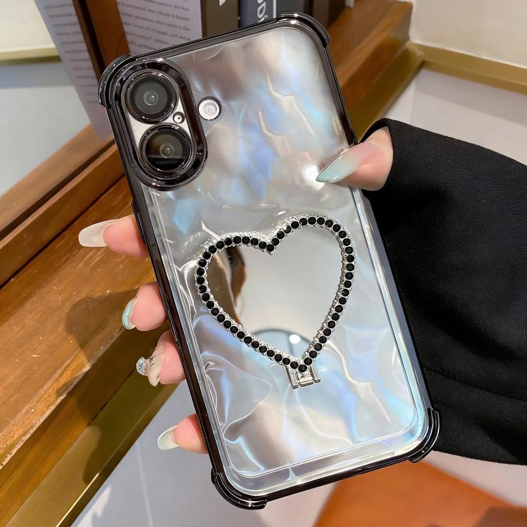For iPhone 17 Heart-shaped Mirror Electroplated TPU + Acrylic Phone Case with Holder(Black)