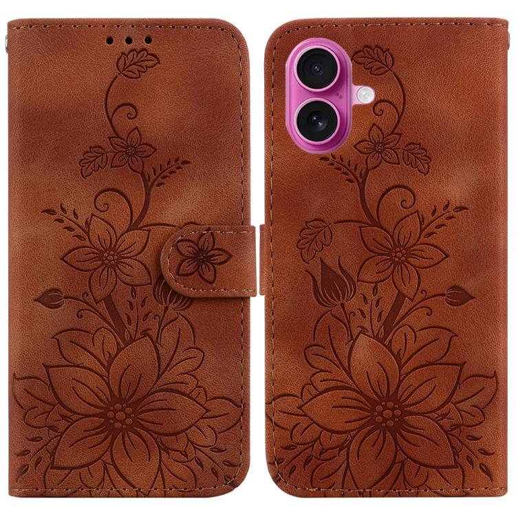 For iPhone 17 Lily Embossed Leather Phone Case(Brown)