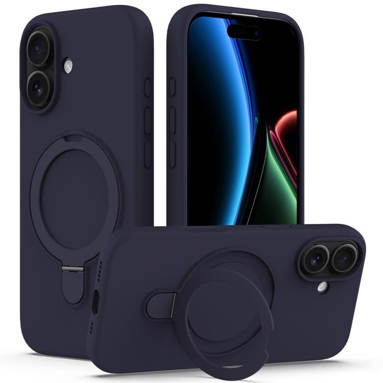 For iPhone 17 Liquid Silicone MagSafe Magnetic Phone Case with Ring Holder(Midnight Blue)