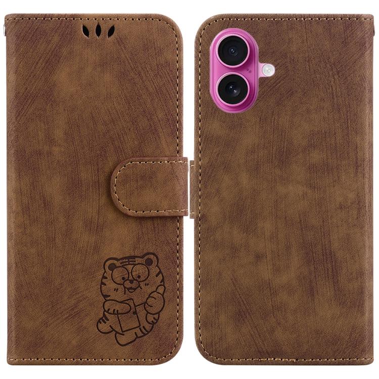 For iPhone 17 Little Tiger Embossed Leather Phone Case(Brown)