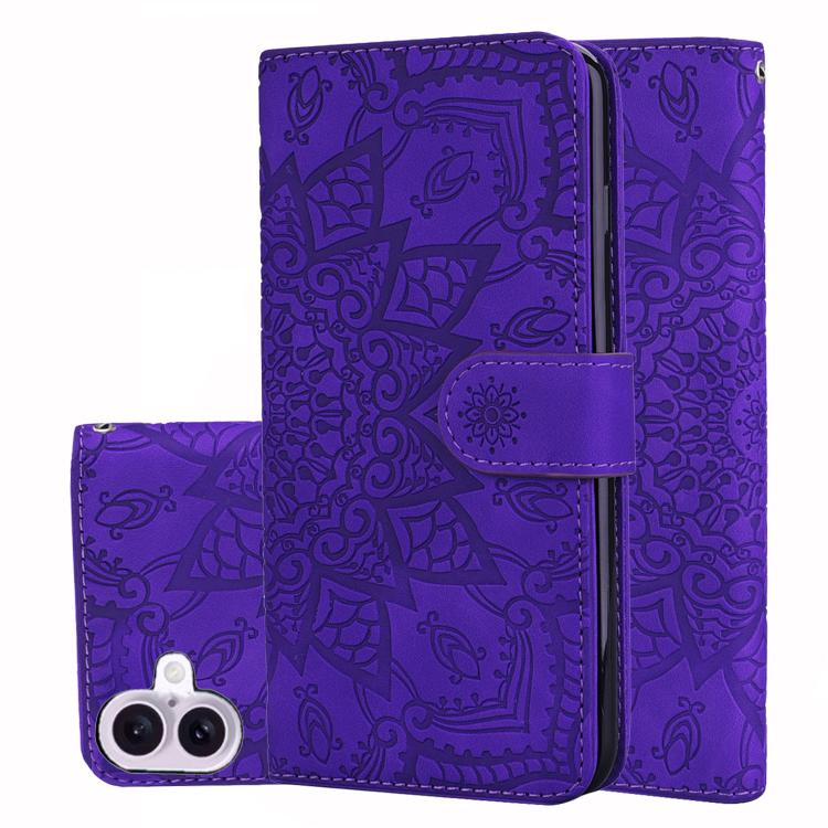For iPhone 17 Mandala Embossed Dual-Fold Calf Leather Phone Case(Purple)