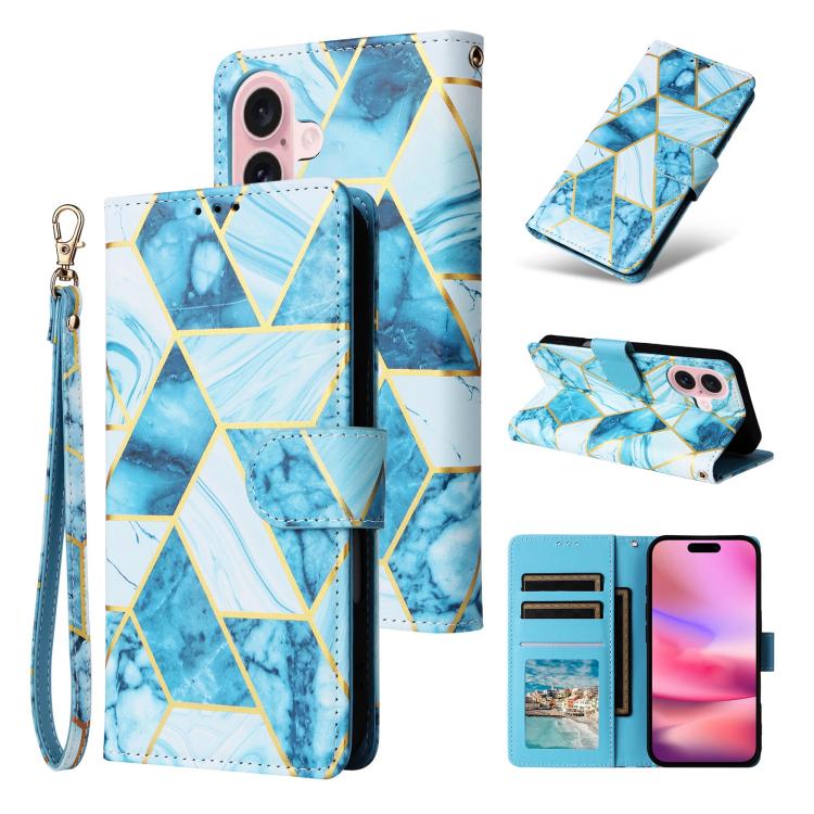 For iPhone 17 Marble Bronzing Stitching Leather Phone Case(Blue)