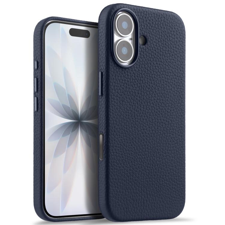 For iPhone 17 melkco Litchi Texture Magnetic Full Coverage Genuine Leather Phone Case with AI Button(Dark Blue)