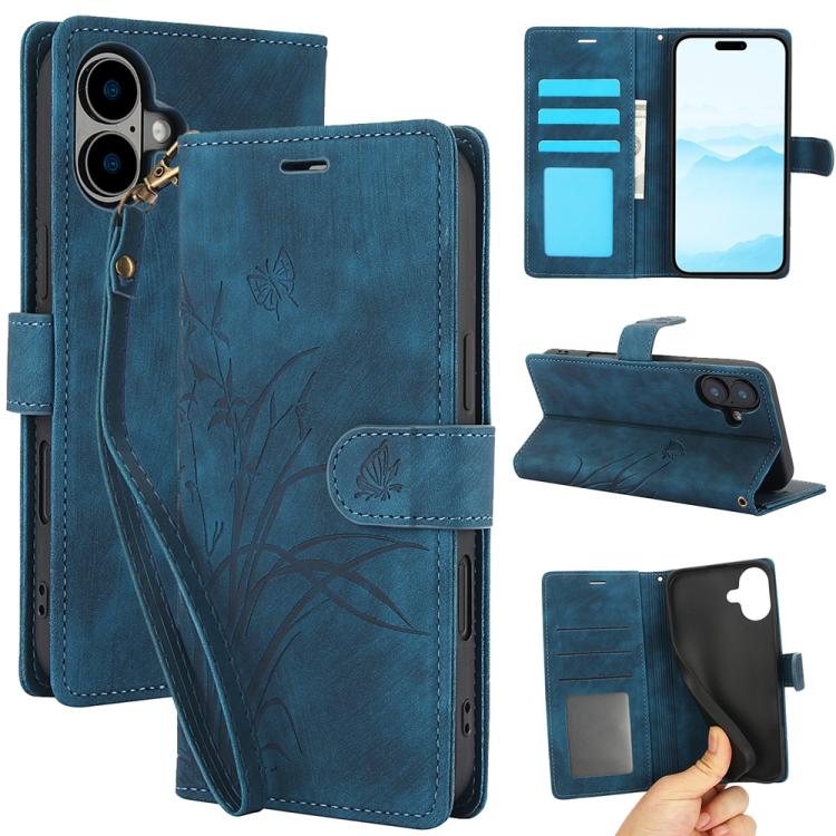 For iPhone 17 Orchid Butterfly Embossed Leather Phone Case(Blue)