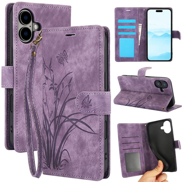For iPhone 17 Orchid Butterfly Embossed Leather Phone Case(Purple)