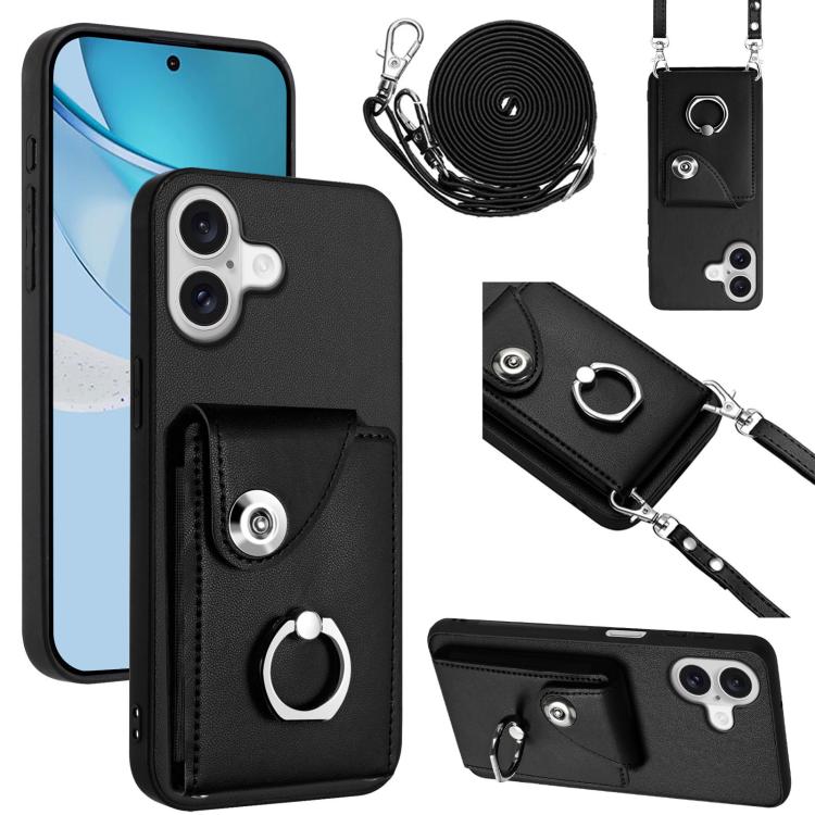For iPhone 17 Organ Card Bag Ring Holder Phone Case with Long Lanyard(Black)