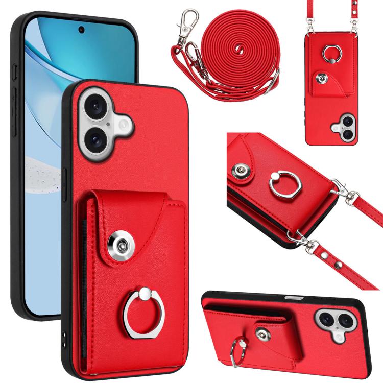 For iPhone 17 Organ Card Bag Ring Holder Phone Case with Long Lanyard(Red)