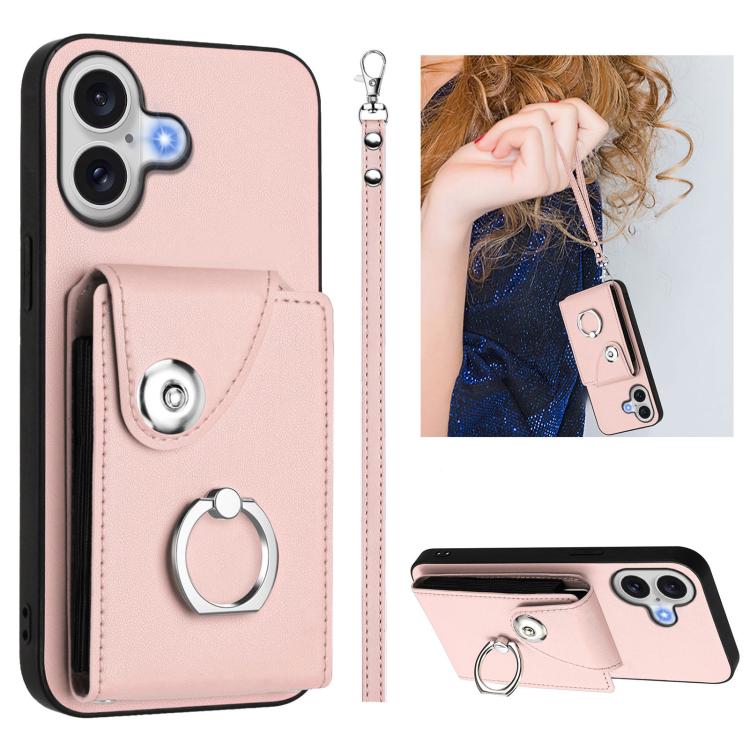 For iPhone 17 Organ Card Bag Ring Holder PU Phone Case with Lanyard(Pink)