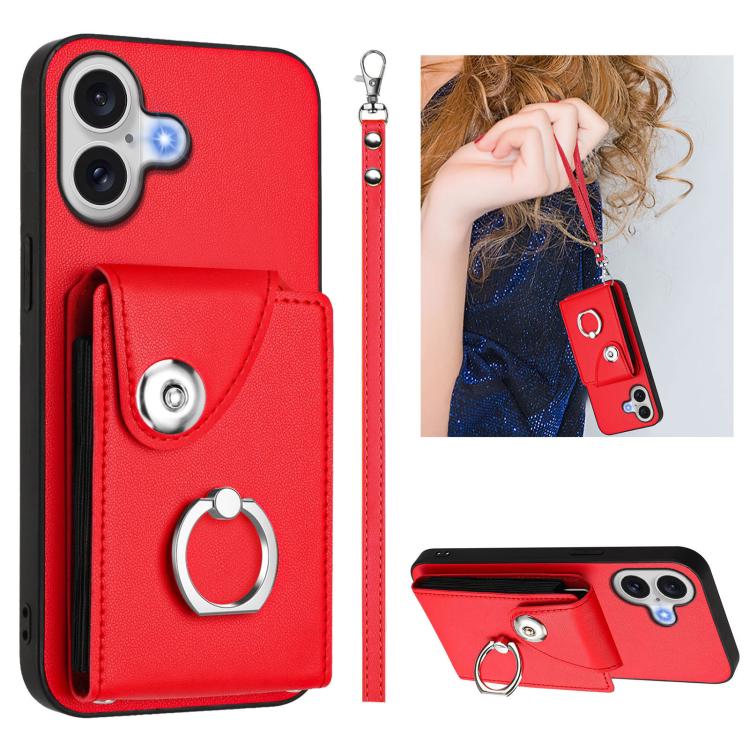For iPhone 17 Organ Card Bag Ring Holder PU Phone Case with Lanyard(Red)