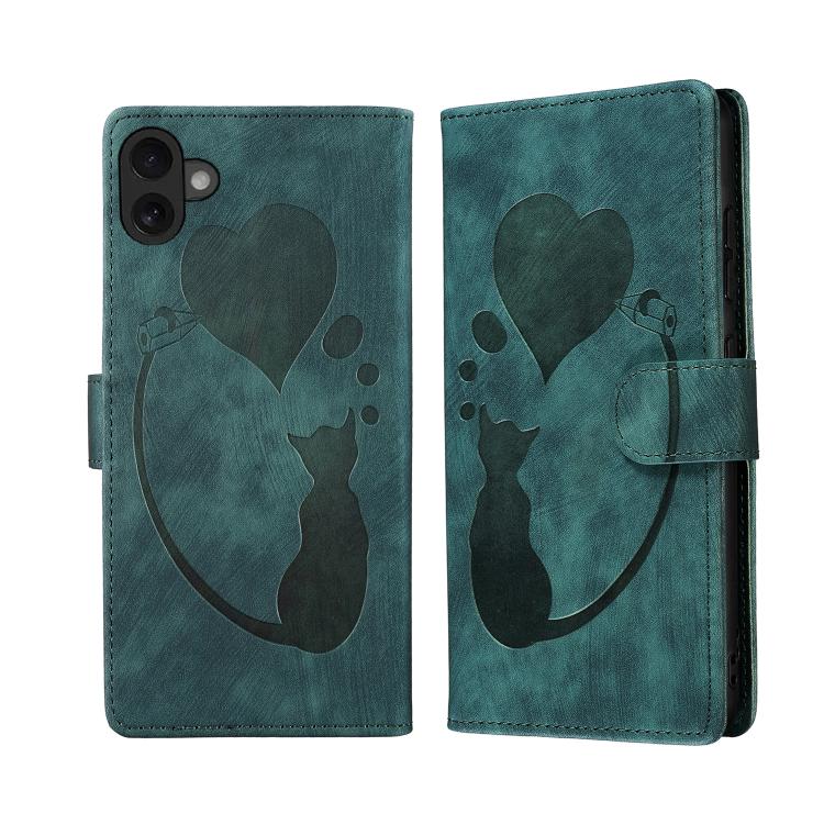 For iPhone 17 Pen Heart Cat Embossed Leather Phone Case(Green)