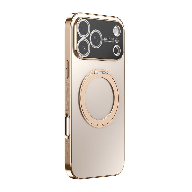 For iPhone 17 Pro 360 Degree Rotating Holder MagSafe Electroplated Phone Case with Lens Cover(Desert Gold)