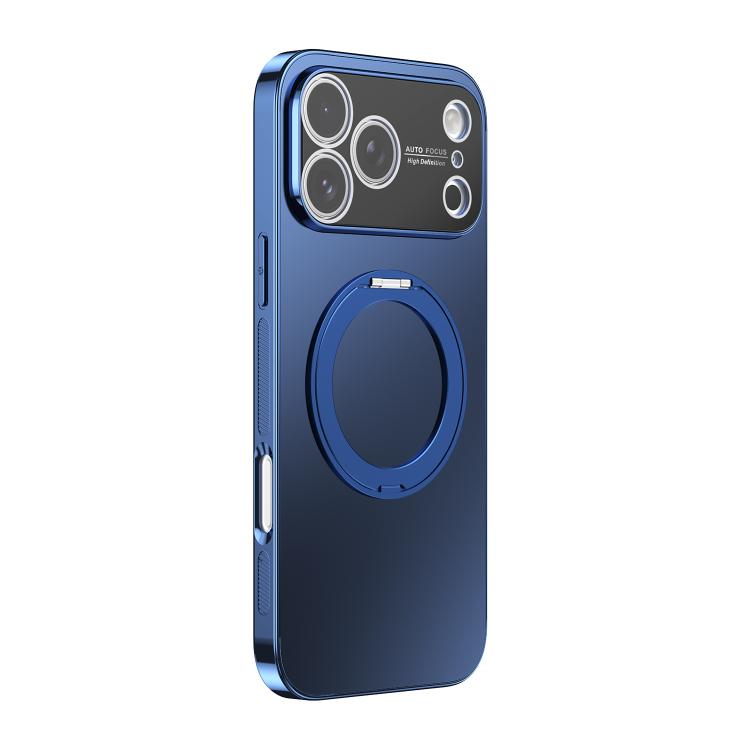For iPhone 17 Pro 360 Degree Rotating Holder MagSafe Electroplated Phone Case with Lens Cover(Navy Blue)