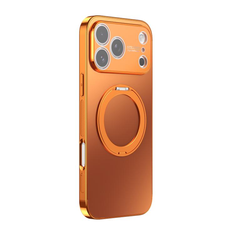 For iPhone 17 Pro 360 Degree Rotating Holder MagSafe Electroplated Phone Case with Lens Cover(Orange)