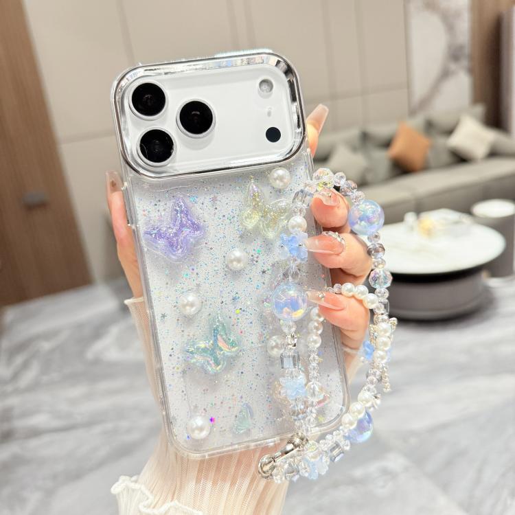 For iPhone 17 Pro 3D Four-Butterfly Glitter Epoxy TPU Phone Case with Bracelet Chain(Blue)