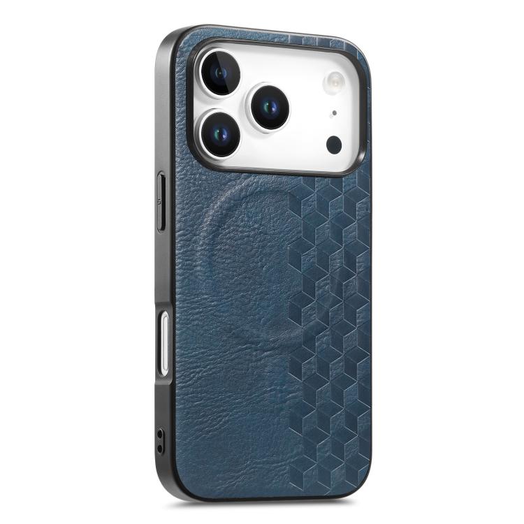 For iPhone 17 Pro 3D Grid Texture PU Magnetic Shockproof Phone Case(Blue)
