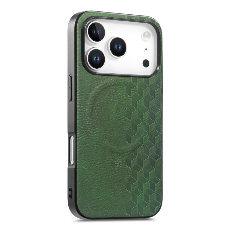 For iPhone 17 Pro 3D Grid Texture PU Magnetic Shockproof Phone Case(Green)