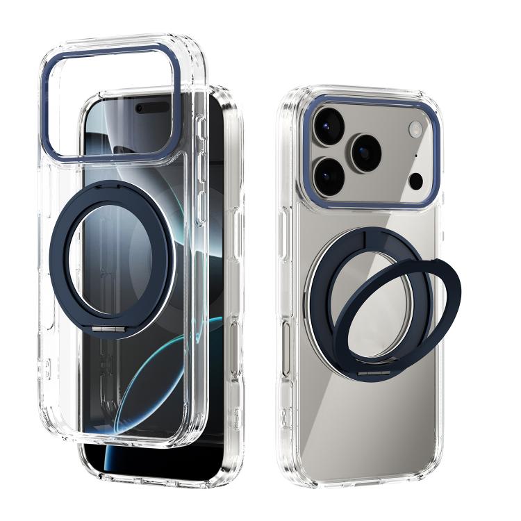 For iPhone 17 Pro ABEEL MagSafe Q-LUCK Pivot Bracket Transparent Phone Case(Dark Blue)
