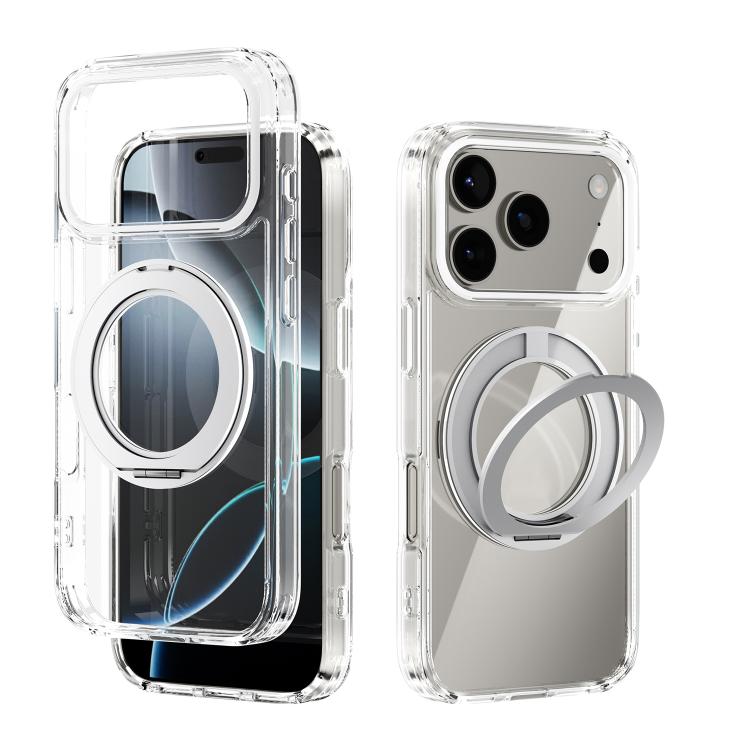 For iPhone 17 Pro ABEEL MagSafe Q-LUCK Pivot Bracket Transparent Phone Case(White)